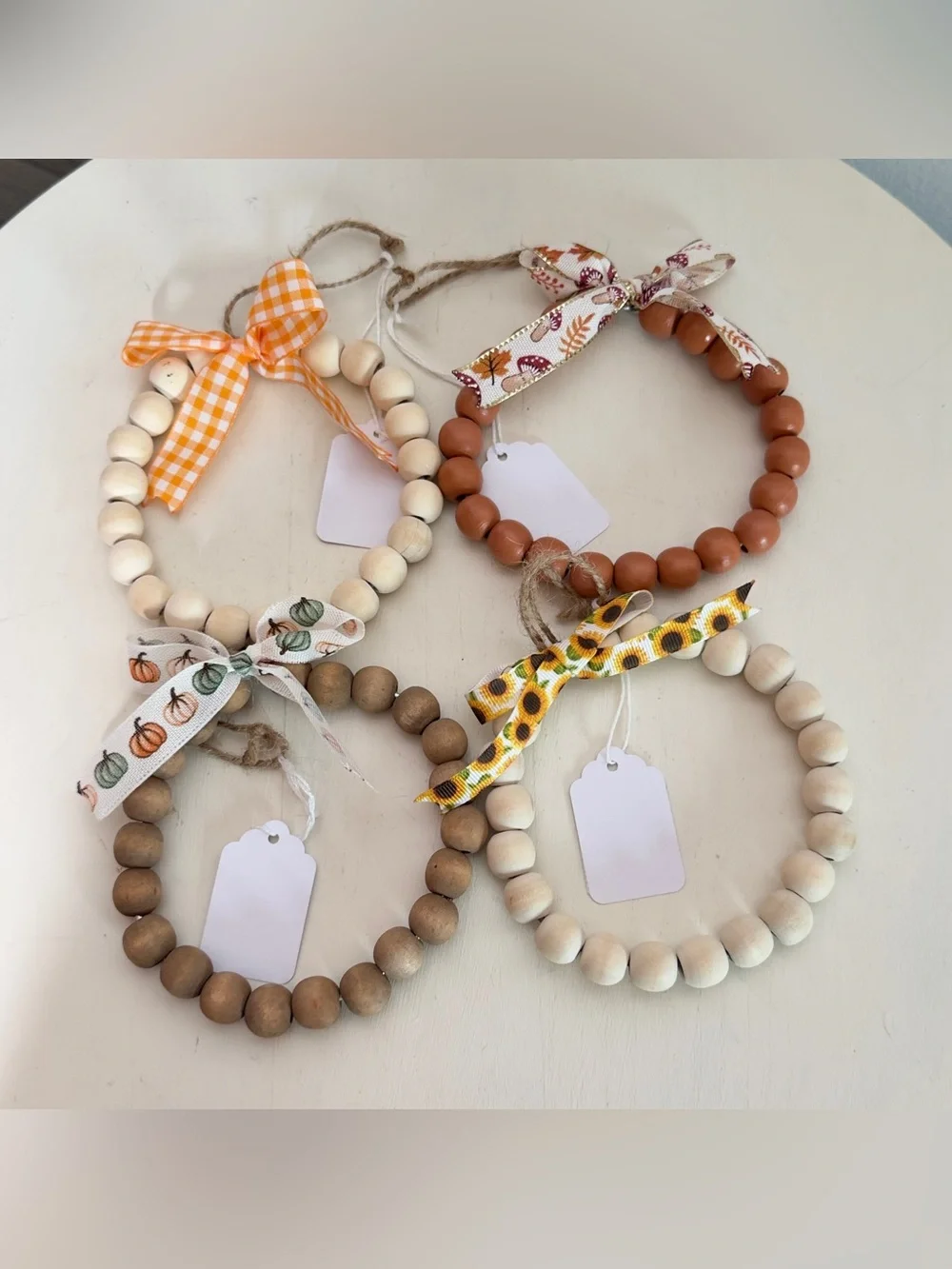 4 Handmade Fall Wood Beaded Wreath Ornaments